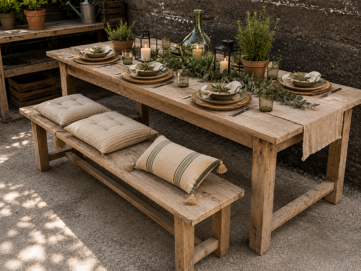 Mesa rústica de patas rectas con bancos de madera maciza