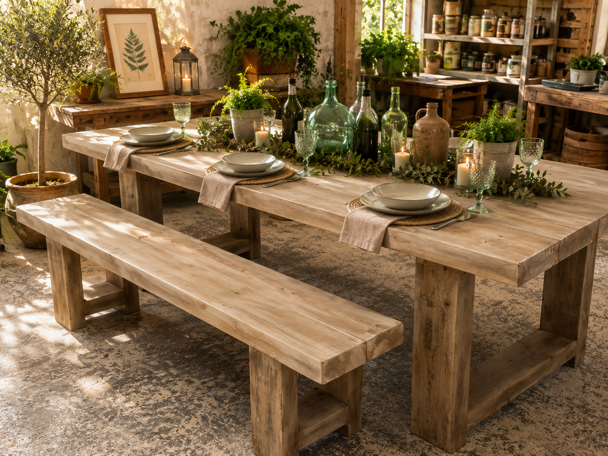 Mesa rústica de patas cruzadas con bancos de madera maciza