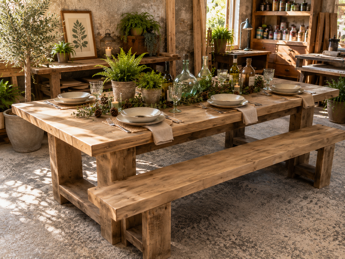 Mesa rústica de patas cruzadas con bancos de madera maciza