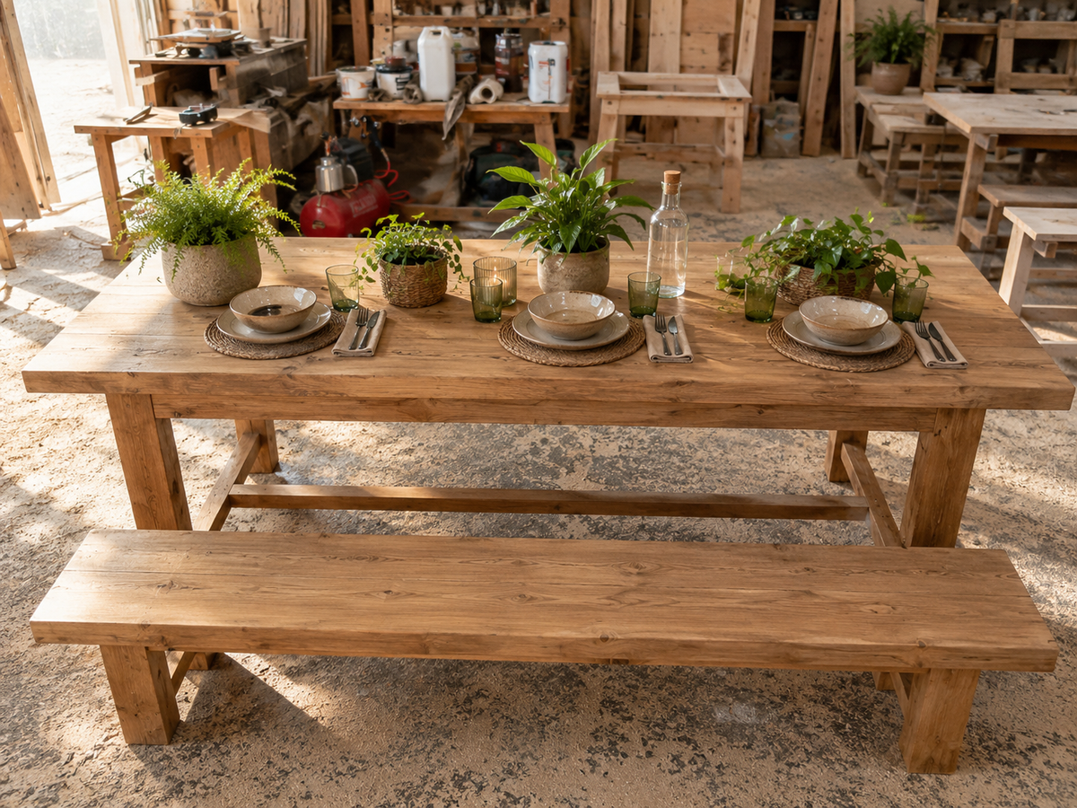 Mesa rústica de patas rectas con bancos de madera maciza