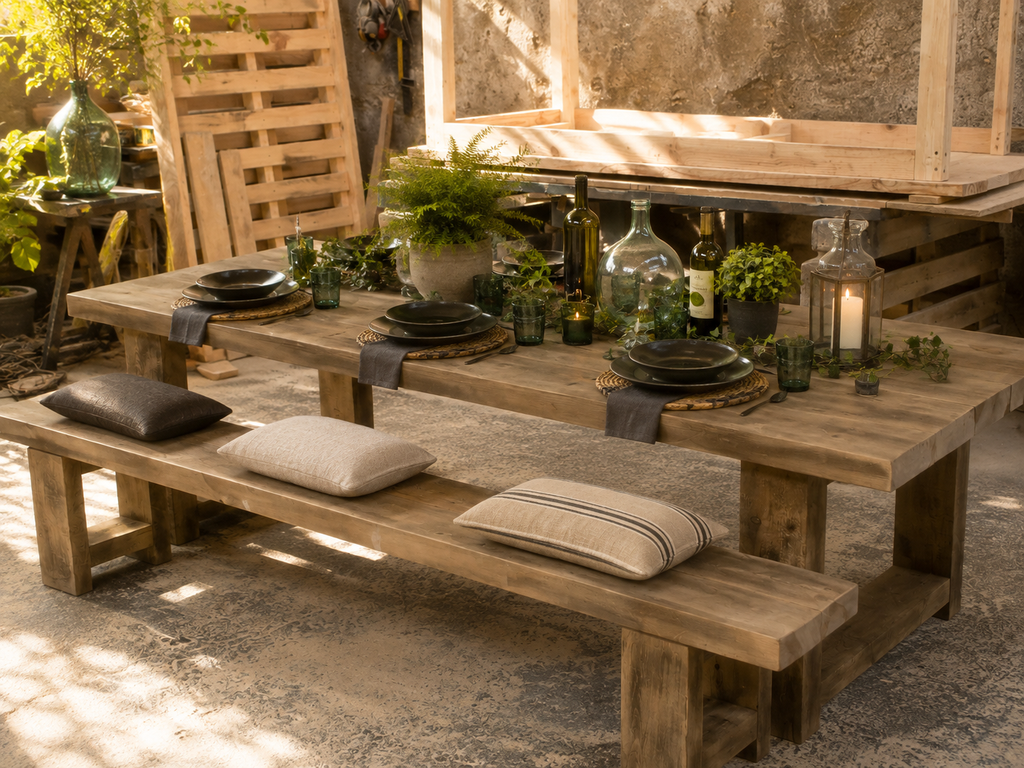 Mesa rústica de patas cruzadas con bancos de madera maciza
