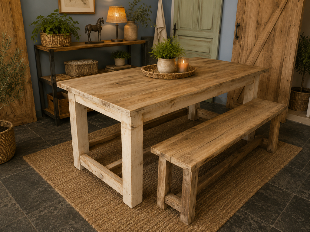 Mesa rústica de patas rectas con bancos de madera maciza