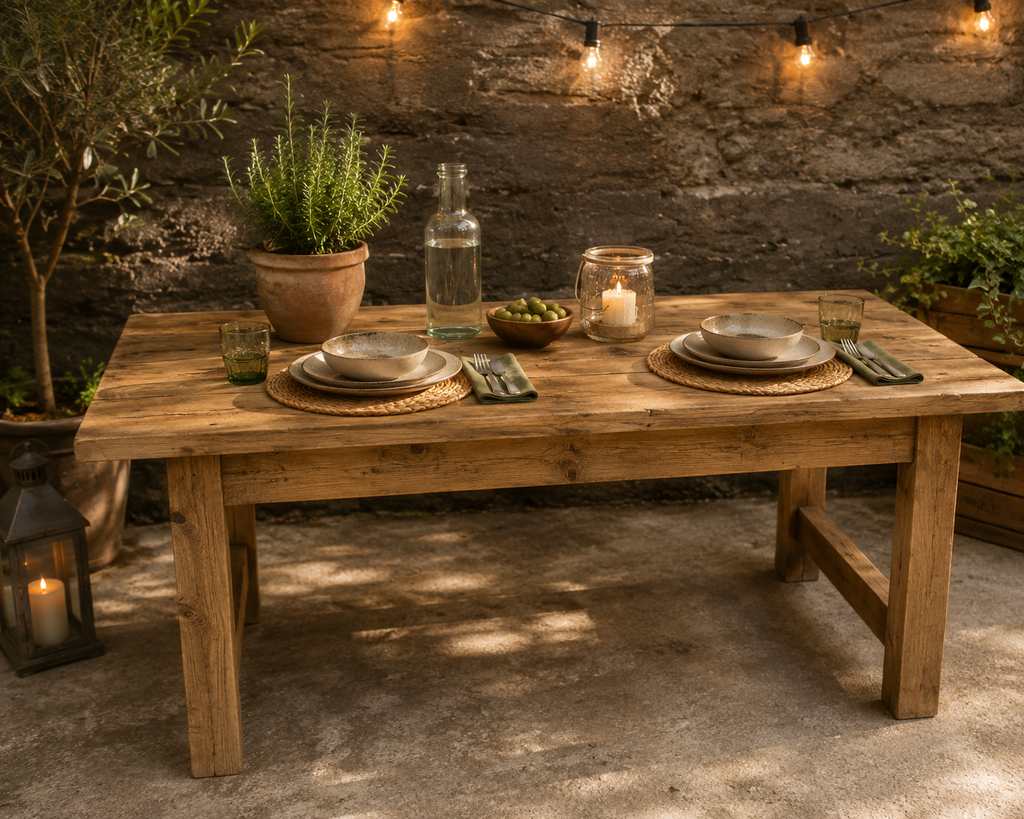 Mesa rústica de patas rectas con bancos de madera maciza