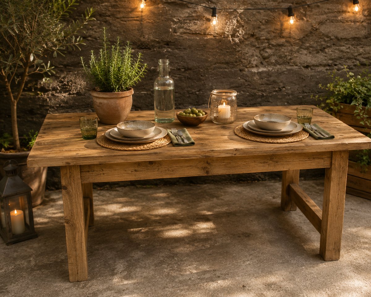 Mesa rústica de patas rectas con bancos de madera maciza